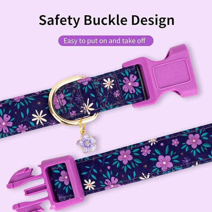 Fashionable Dog Collar with Bow Tie for Small Medium Large Dogs,Cute and Soft Puppy Collar for Male Female Dogs,Durable Cotton Dog Collar with Adjustable Buckle Butterfly Pattern (S, Purple Flower)