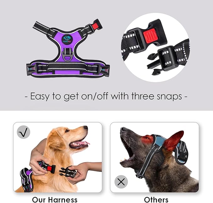 PHOEPET No Pull Dog Harness Medium Reflective Front Clip Vest with Handle,Adjustable 2 Metal Rings 3 Buckles,[Easy to Put on & Take Off](M, Purple)