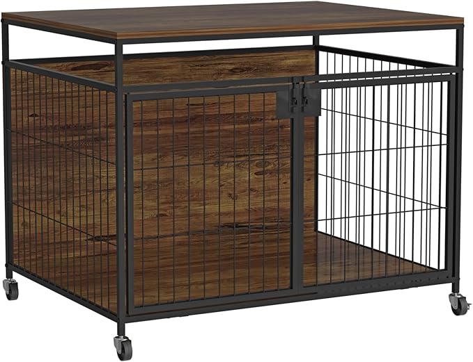 Dog Crate Furniture for Large Dogs, Wooden Dog Kennel with Double Doors, Heavy Duty End Table Dog Crate for Dogs Indoor, Rotating Wheels or Foot Pads,39.4" L x 28.3" W x 31.7" H