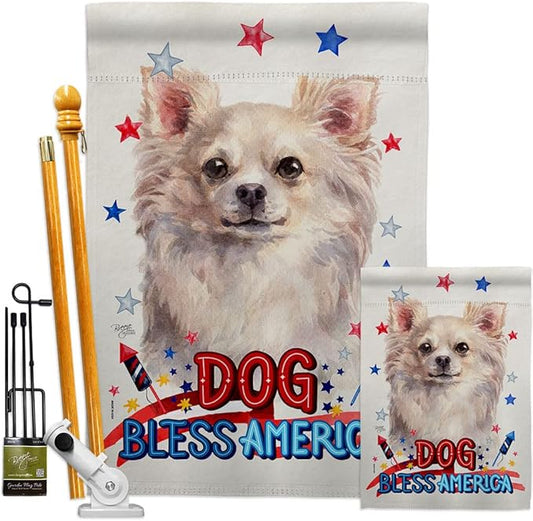 Breeze Decor Patriotic White Chihuahua Garden House Flag-Kit Dog Puppy Spoiled Paw Canine Fur Pet Nature Farm Animal Creature Decoration Banner Small Yard Gift Double-Sided, Made in USA