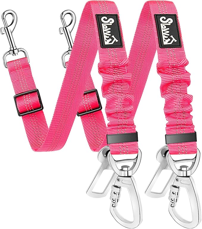 SlowTon Dog Seatbelt, 2 Pack Dog Seat Belt Car Leash Adjustable Elastic Bungee Buffer Heavy Duty Nylon Reflective Pet Safety Tether Connect to Dog Harness for Travel Riding in Vehicle (Daul Clip, FL)
