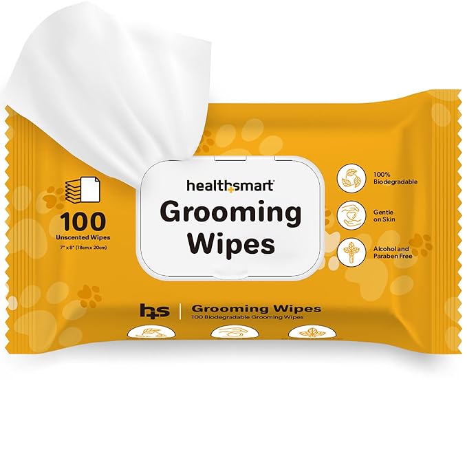 HealthSmart Dog & Cat Grooming Wipes, Alcohol and Paraben Free, Gentle on Skin, 100% Biodegradable, 100 Count, Deodorizing, Great for Paws, Ears, and Butt
