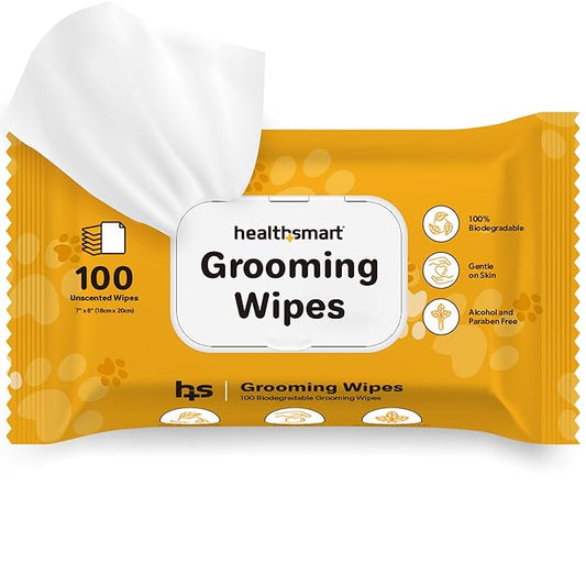 HealthSmart Dog & Cat Grooming Wipes, Alcohol and Paraben Free, Gentle on Skin, 100% Biodegradable, 100 Count, Deodorizing, Great for Paws, Ears, and Butt