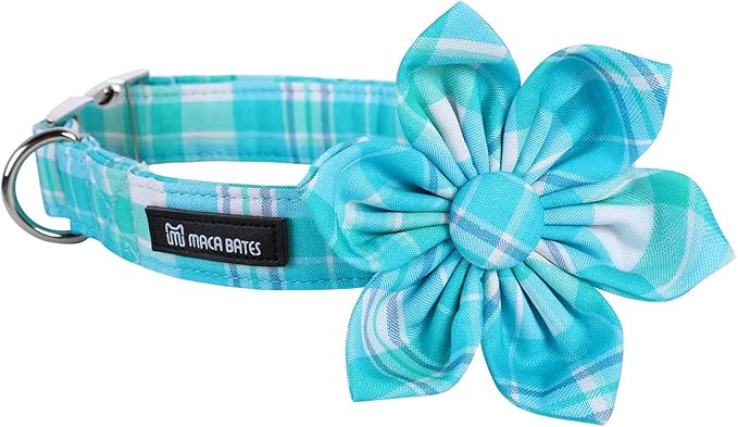 Maca Bates Blue Checkered Flower Summer Dog Grid Collar with Flowers for Dogs Adjustable Breakaway Cute Plaid Collars Accessories Gift for Small Medium Large XL Puppy with Golden Metal Buckle