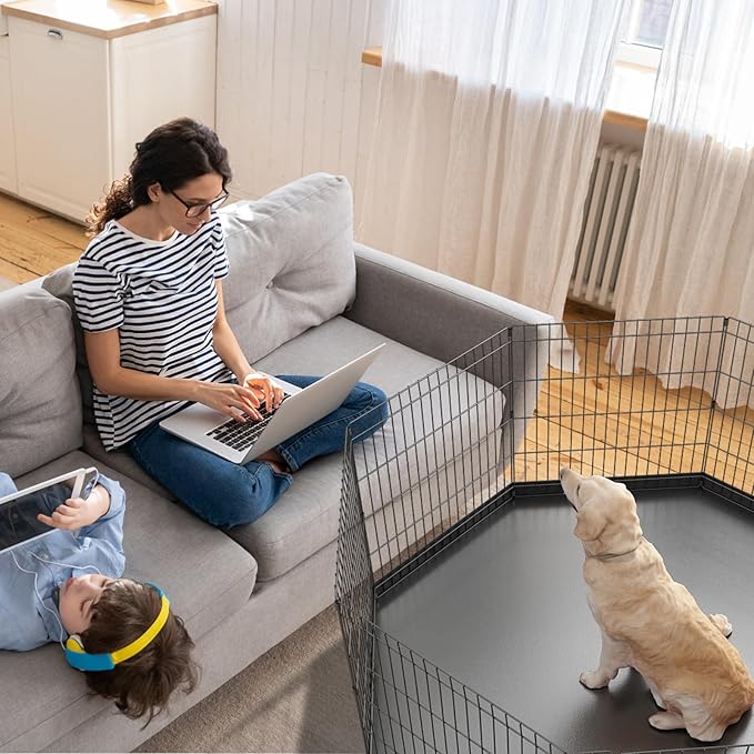 Artmeer Pet Playpen Puppy Playpen Kennels Dog Fence Exercise Pen Gate Fence Foldable Dog Crate 8 Panels 24 Inch for Pet Animals Outdoor Indoor with Bottom Pad (Black with Bottom pad)