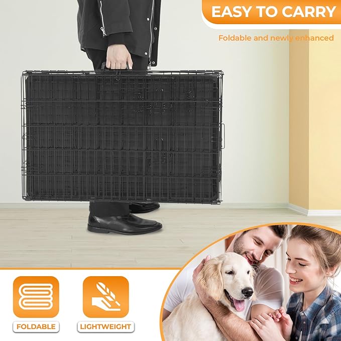 PayLessHere Large Dog Crate Kennel for Medium Large Dogs Metal Dog Cage Double-Door Folding Travel Indoor Outdoor Puppy Playpen with Divider and Handle Plastic Tray (48 Inch, Black)