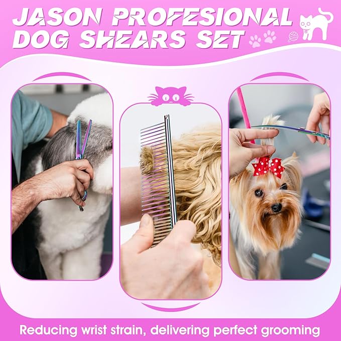 JASON Dog Grooming Scissors Kit, Professional 6 in 1 Dog Scissors Set - 6.5" Thinning, 7" Straight, 7" Up-Curved, 7" Down-curved Shears and Comb for Dog Cat Pet (Rainbow)
