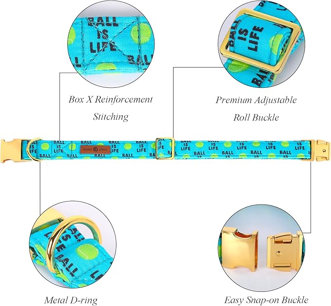 Lionet Paws Dog Collar, Comfortable Adjustable Cute Collar with Metal Buckle for Male Female Dogs Gift, Tennis Ball Pattern, Medium, Neck 13.5-22 inches
