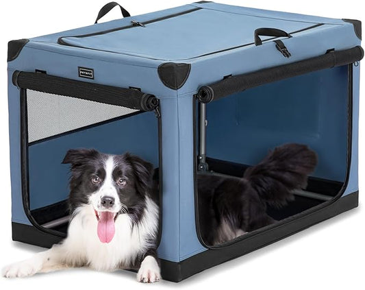 PETSFIT Portable Dog Crate, with Patented Adjustable Fabric Cover, Chewproof & Lockable Mesh Doors, Waterproof Base Collapsible Kennel Blue 36 Inch