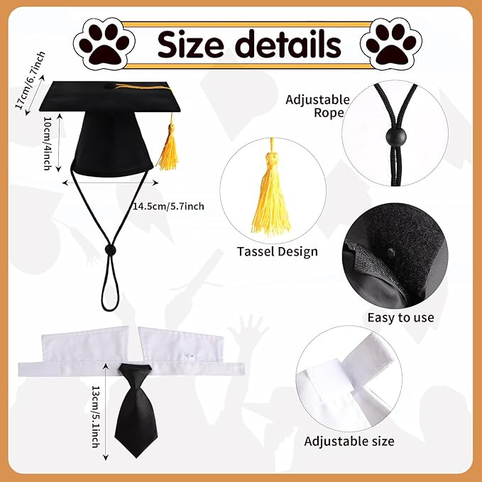 FOIMAS Dog Graduation Hats,Pet Graduation Caps Adjustable with Yellow Tassel and Necktie Collar for Dog Cat Graduation Hats Costume Accessory