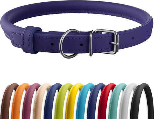 CollarDirect Rolled Leather Dog Collar, Soft Padded Round Puppy Collar, Handmade Genuine Leather Collar Dog Small Large Cat Collars 13 Colors (6 Inch, Purple Smooth)