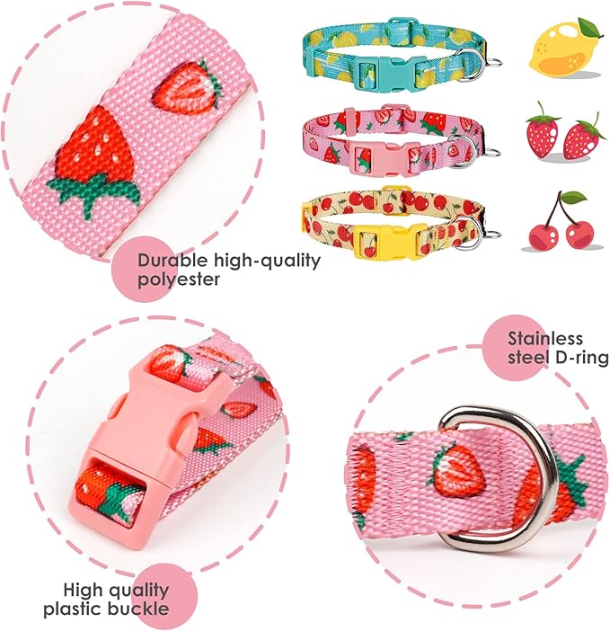 azuza 3 Pack Fruit Design Dog Collars Comfortable and Adjustable Nylon Dog Collars for Puppy Small Dogs, XS (8-12inch)，Strawberry，Lemon and Cherry