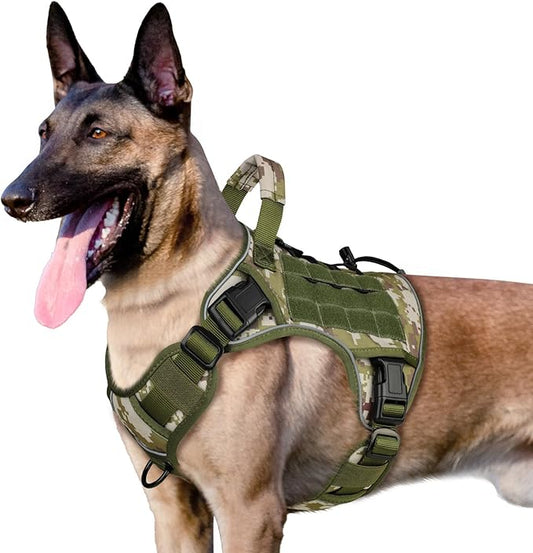 WINGOIN Tactical Dog Harness for Extra Large Dogs, Heavy Duty No Pull Dog Harness with Handle, Adjustable Reflective Military K9 German Shepherd Big Dog Vest for Training, Walking, Green Camo(XL)