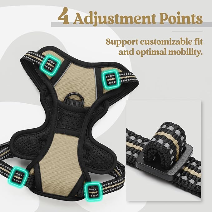 rabbitgoo Dog Harness, No-Pull Pet Harness with 2 Leash Clips, Adjustable Soft Padded Dog Vest, Reflective No-Choke Pet Oxford Vest with Easy Control Handle for Small Dogs, Beige, XS