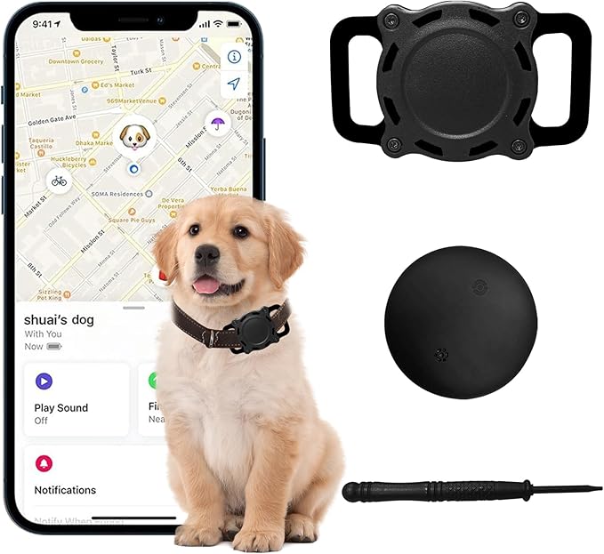 Dog Tracker, Pet Location Tracker with Collar Holder for Dogs Smart Tracking Device, MFi Certified, No Subscription, Precise & Waterproof,iOS Only,Work with Apple Find My (Black)