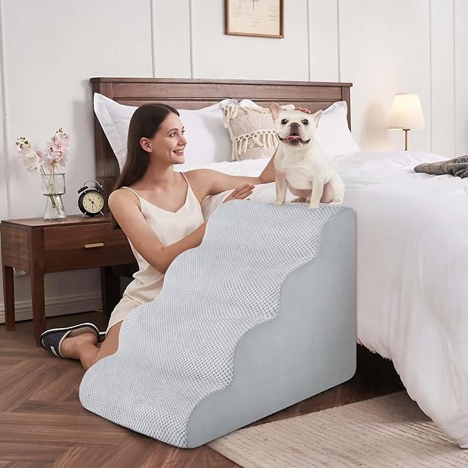 BOMOVA Dog Stairs for Small Dogs, 4-Step Dog Steps for Bed and Couch, High Density Foam Pet Stairs for Small Dogs and Cats, Non-Slip Bottom Dog Ramp, Light Grey, 2/3/4/5 Steps