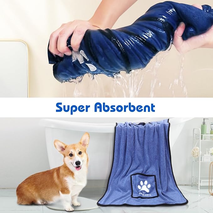 Nobleza Dog Towel, Super Absorbent Large Pet Towel with Hand Pockets, Microfiber Quick Drying Dog Towels for Drying Dogs, Mazarine