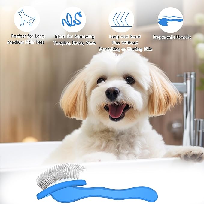 Blue Slicker Brush for Medium to Large Pets - Long Pin Grooming Tool Removes Loose Hair, Tangles and Knots, Includes Free Pet Comb