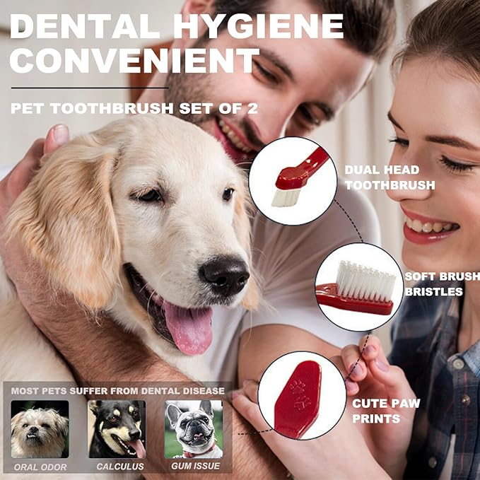 Dog Bath Brush 7-in-1 Set,Double Head Dog Eye Comb Tear Stain Remover, Double Head Dog Toothbrush, Dog Grooming Bath Brush with Shampoo Dispenser,Dog Bath Cap for Ear Protection and Dog Drying Towel