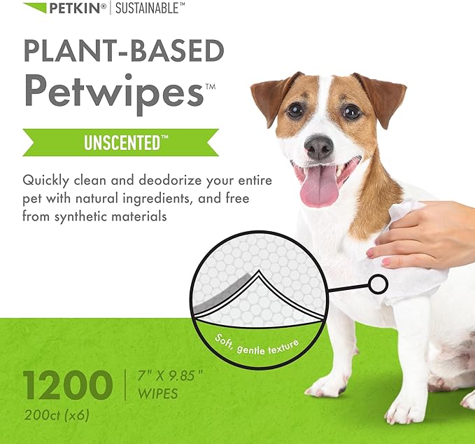 Petkin Plant-Based PetWipes, 200 Wipes, 6 Count - Biobased, Sustainable, Big & Thick Pet Wipes for Dogs & Cats - for Face, Paws, Ears, Body & Eye Area - Consciously Cleans & Conditions - Unscented