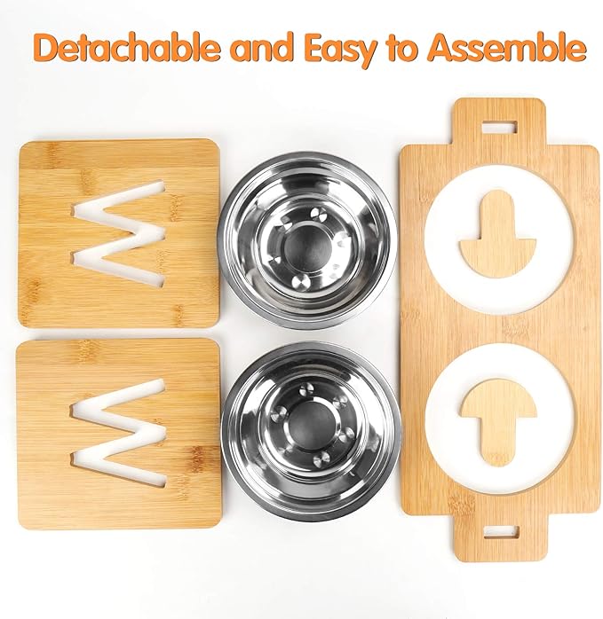 Raised Dog Bowl, Elevated Dog Bowls, Tilted Pet Food Water Bowl, Slanted Bamboo Feeding Station with Stainless Steel Bowls for Small & Medium Dogs, Cat Kitten Flat Faced French Bulldog Puppy Feeder