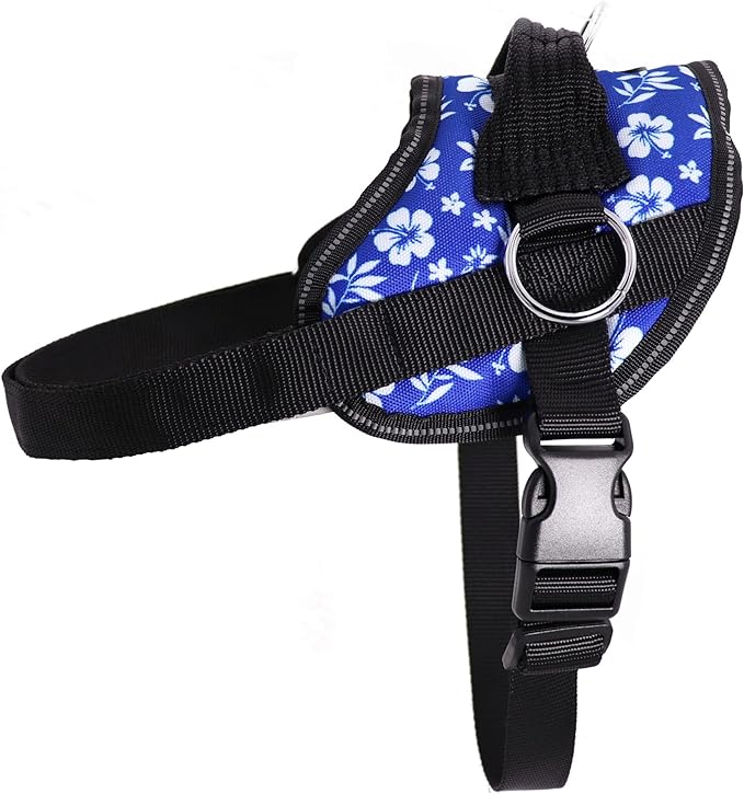 Bark Appeal Blue Hibiscus No-Pull Dog Harness for Small to Medium Sized Pets – Adjustable, Reflective Vest with 3 Leash Clips for Added Control, Easy Walks & Training – Medium