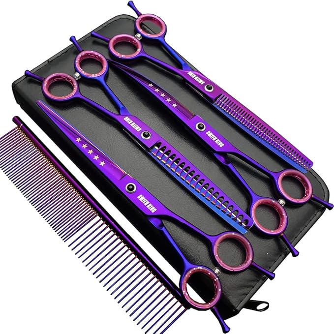 7.0 inches Professional Dog Grooming Scissors Set Straight & thinning & Curved & chunkers & comb 5pcs in 1 Set for left-handed & right handed