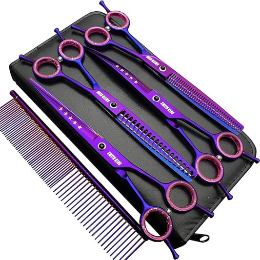 7.0 inches Professional Dog Grooming Scissors Set Straight & thinning & Curved & chunkers & comb 5pcs in 1 Set for left-handed & right handed
