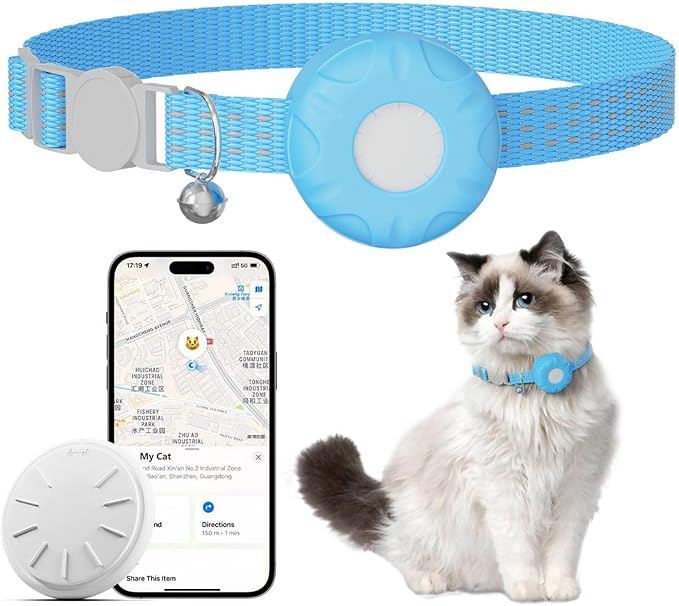 Cat Tracker Collar,No Monthly Fee Tracking Pet Collar with Finder Tag,Compatible with Apple Find My(iOS Only),Breakaway Tractive Design with Reflective Pattern & Bell,Blue
