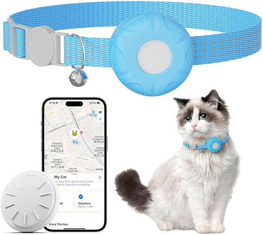 Cat Tracker Collar,No Monthly Fee Tracking Pet Collar with Finder Tag,Compatible with Apple Find My(iOS Only),Breakaway Tractive Design with Reflective Pattern & Bell,Blue