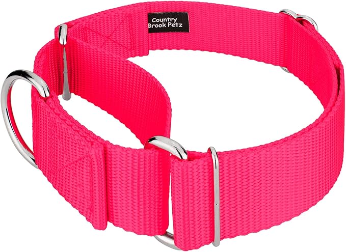 Country Brook Petz 1 1/2 Inch Martingale Heavy Duty Nylon Adjustable Dog Collar for Small, Medium, Large Breeds - Vibrant 17 Color Selection (Hot Pink, Extra Large)