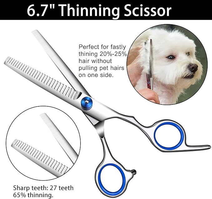 Dog Grooming Scissors with Safety Round Tip,Professional Dog Grooming Kit,Dog Hair Shears Set,Incude Thinning、 Curved、Straight Scissors and Comb. Suitable for The Right Hand