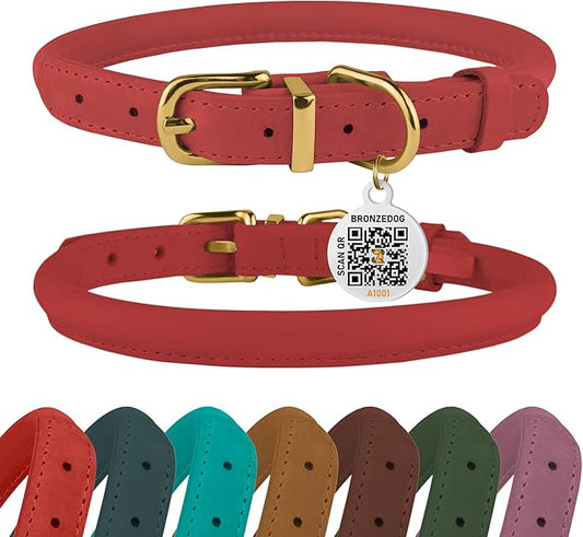 BRONZEDOG Rolled Leather Dog Collar with QR ID Tag Adjustable Soft Round Collars for Small Medium Large Dogs Puppy Cat (9" - 11" Neck Size, Coral Pink)