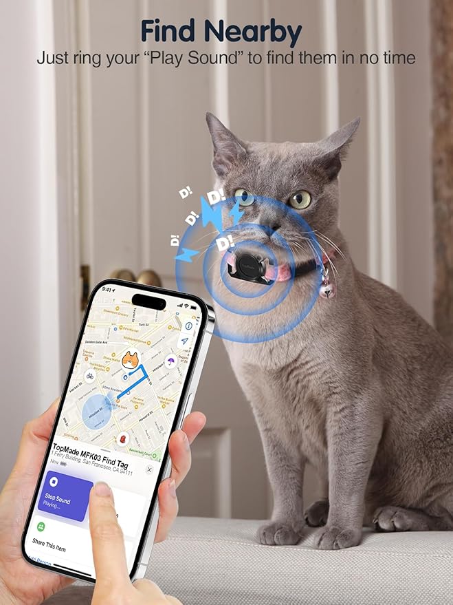 TopMade Smart Pet Tracker with Collar Holder, Cat Dog Tracker Compatible with Apple Find My, Anti-Lost Device Find Tag for Dogs, Cats, Pets, Luggage, Bag Straps, Not a GPS Tracker, Gunmetal