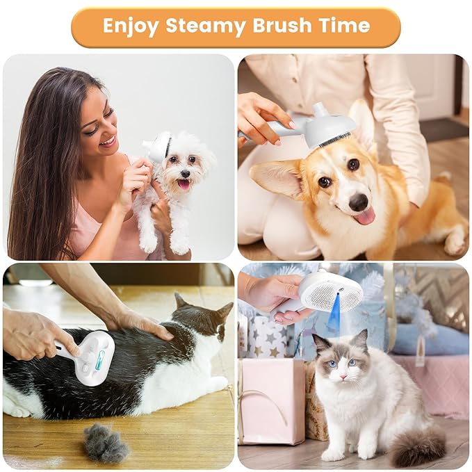 Cat Steam Brush, 4 in 1 Steamy Pet Brush For Cats & Dogs, Spary Cat Brush For Pet Grooming, Cats Dogs Hair Comb With Release Buttom and Water Tank, Cats Dogs Cleaning Brush (White Long Brush)