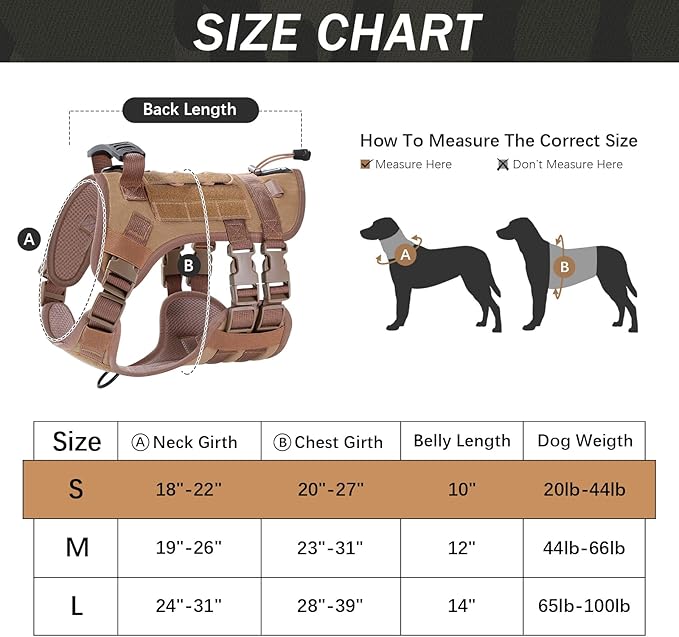 No Pull Tactical Dog Harness for Small Dogs, Escape Proof Molle Dog Vest Harness and Leash Set, Adjustable Military Service Dog Harness with Handle for Medium Large Dogs(Brown, Small)