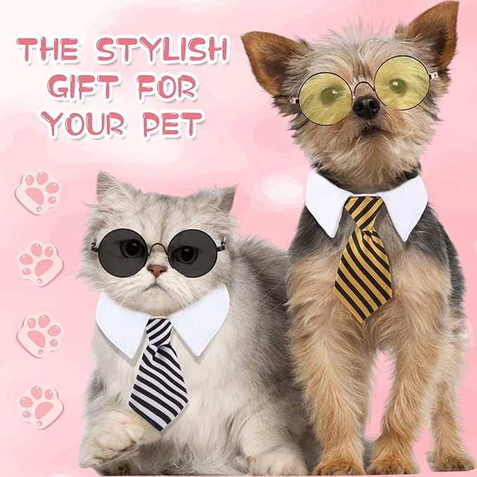 Weewooday 8 Pcs Pet Dog Cat Costume Cat Tie Collar Glasses for Small Dog Round Metal Retro Sunglasses Tie Pet Costume Tuxedo Necktie Collar Puppy Accessories Halloween Cosplay Party (Bright Colors)
