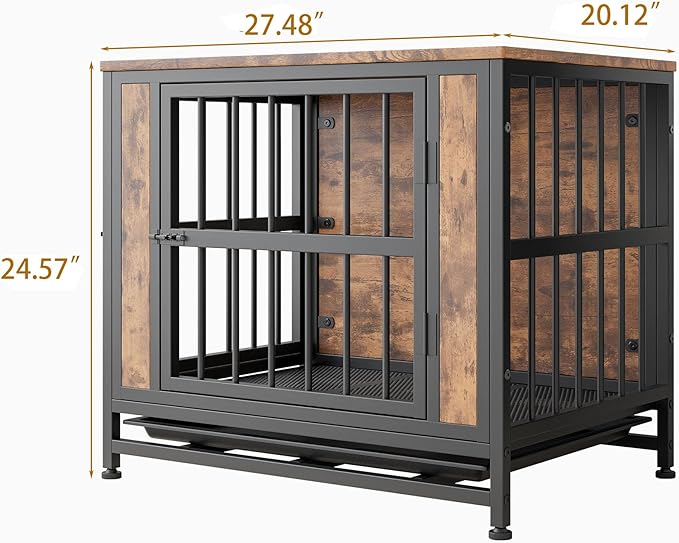 Ball & Cast 27.48" Wooden Dog Kennel with 2 Sliding Doors,Decorative Pet Crate Furniture with Pull-Out Tray,Thick Iron Frame Indoor Dog Cage for Small Dogs,Easy Assembly,Rustic Brown