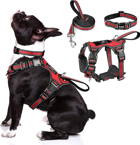 WINSEE Pet Harness Collar and Leash Set, All-in-one Reflective Dog Harness No Pull with Adjustable Buckles for Puppies, Small, Medium, Large, and Extra-Large Dogs (Medium, Red)