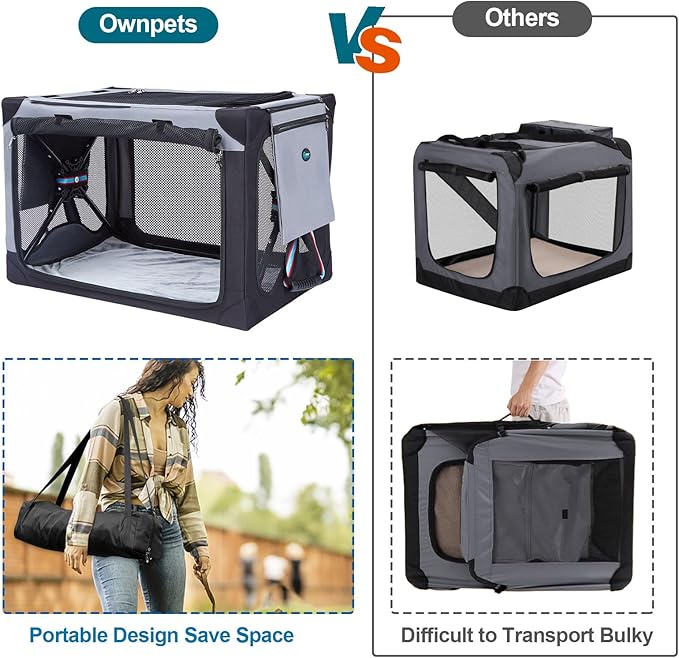 Ownpets Collapsible Dog Crate 32 Inch Portable Travel Dog Soft Crate with Detachable Storage Bag and Double-Sided Mat, 3-Door Dog Kennel for Indoor and Outdoor