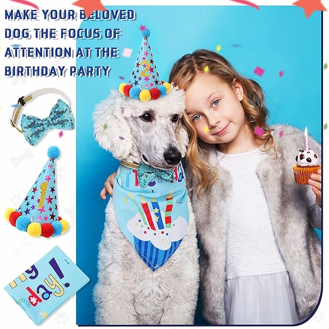 Dog Boy Birthday Party Outfits,Birthday Hat, Bow Tie, Bandana, Happy Birthday Banner,Puppy Pet Theme Decorations Suit for Golden Doodle Teddy Husky Labrador (4PCS Blue)