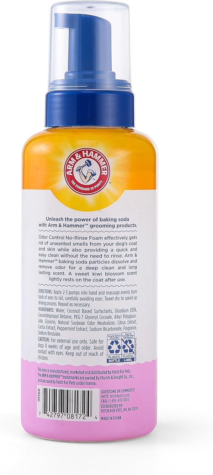 Arm & Hammer for Pets Odor Control Pet No-Rinse Foam with Baking Soda, Kiwi Blossom Scent, Best Odor Eliminating Foam for Dogs and Puppies; Waterless Dog Deodorizer, 16 Fl Oz