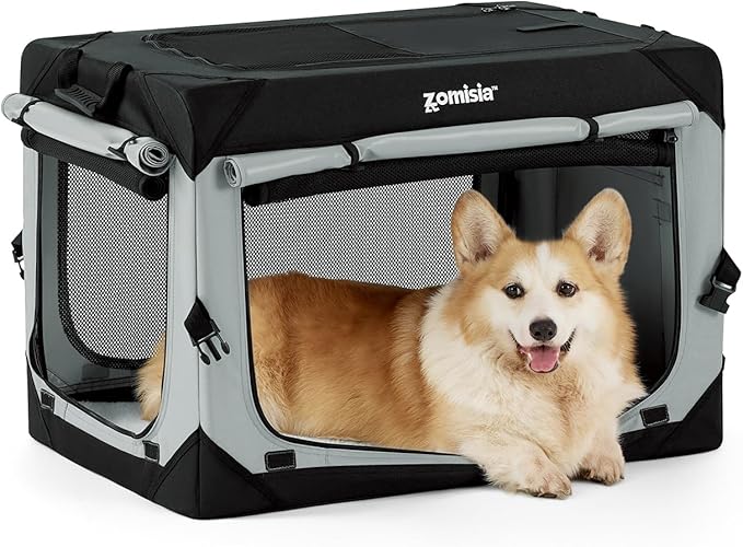 Collapsible Dog Crate for Medium Dogs - Portable Dog Travel Crate Soft Sided 30 Inch with Mesh Windows and 3-Door Curtains, Foldable Dog Kennel for Indoor and Outdoor, Grey