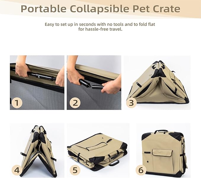Pettycare 30 Inch Collapsible Dog Crate with Curtains Travel Dog Crate for Airflow and Calm Soft Pet Kennel with Portable Bag and More Chew Proof Mesh Indoor & Outdoor Beige 4 Door Curtains