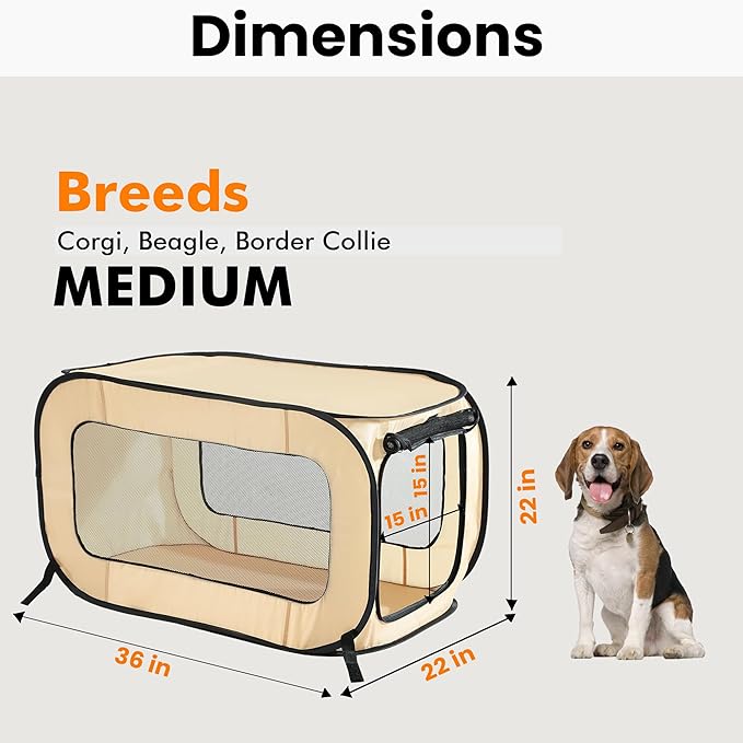 Beatrice Home Fashions Portable, Collapsible, Pop Up Kennel Travel Cat and Dog Crate, 36" L x 22" W x 22" H, Beige
