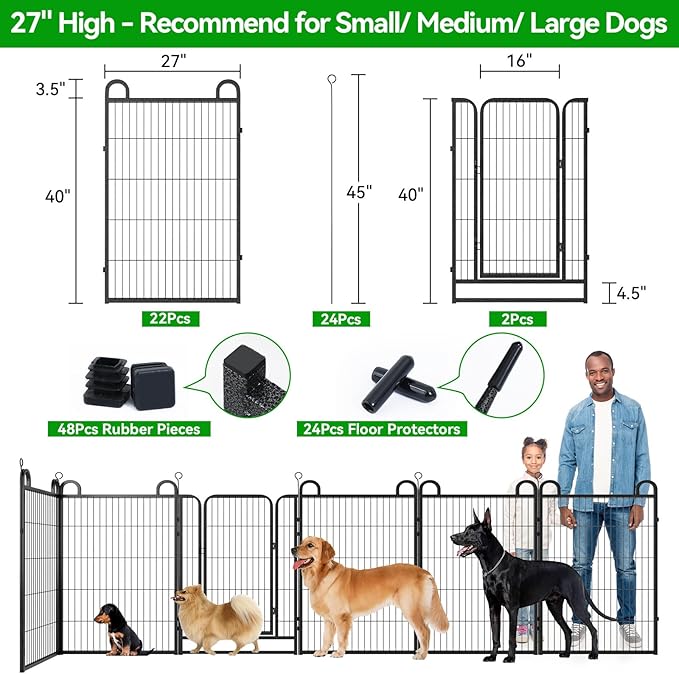 Dog Playpen Outdoor 24 Panels Heavy Duty Dog Fence 40" Height Anti-Rust with Doors Portable for RV Camping Yard, Total 54FT, 232 Sq.ft, Snowy Black