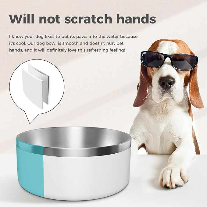 Dog Bowl, Stainless Steel Dog Food and Water Bowl with Non Slip Quiet Bottom, Easy to Clean, Dishwasher Safe, 64oz, White