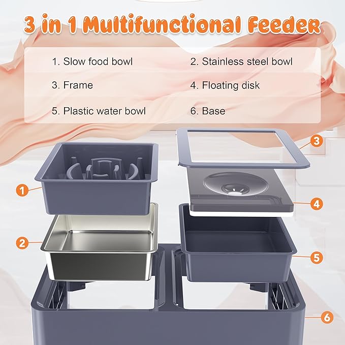 DecFlow 3-in-1 Elevated Dog Bowls - 4 Height Adjustable, Stainless Steel, Slow Feeder, No Spill Water Bowl, Foldable for Medium Large Dogs