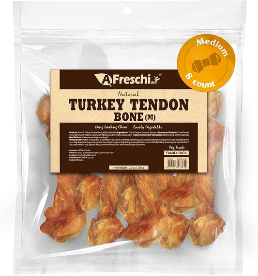 Afreschi Natural Turkey Tendon Bone (M) 10 oz, Turkey Sourced from USA, All Natural Puppy Chew, Hypoallergenic, Rawhide Alternative, for Medium Breeds