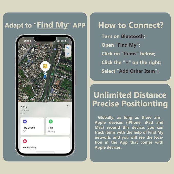 Silicone Bell Cat Tracker, Locator for Pets Only iOS, Kitty Location Tracking Collar, Works Worldwide with Any Collar, No Other Fees, Huthur Tag
